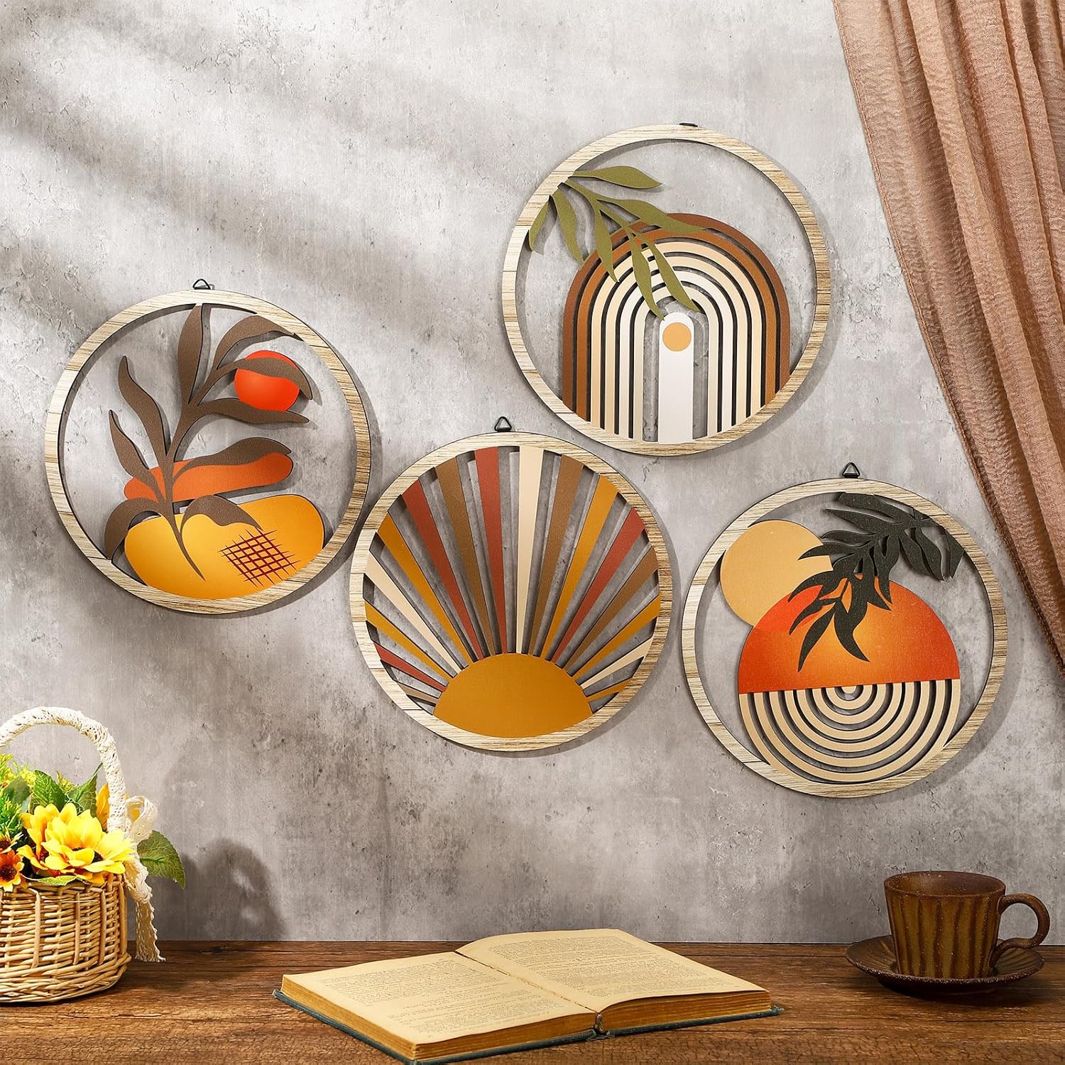 Boho Wall Art Bohemian Wooden Round Circle Wall Decor Hollow out Hanging / Stylish / Set of 4