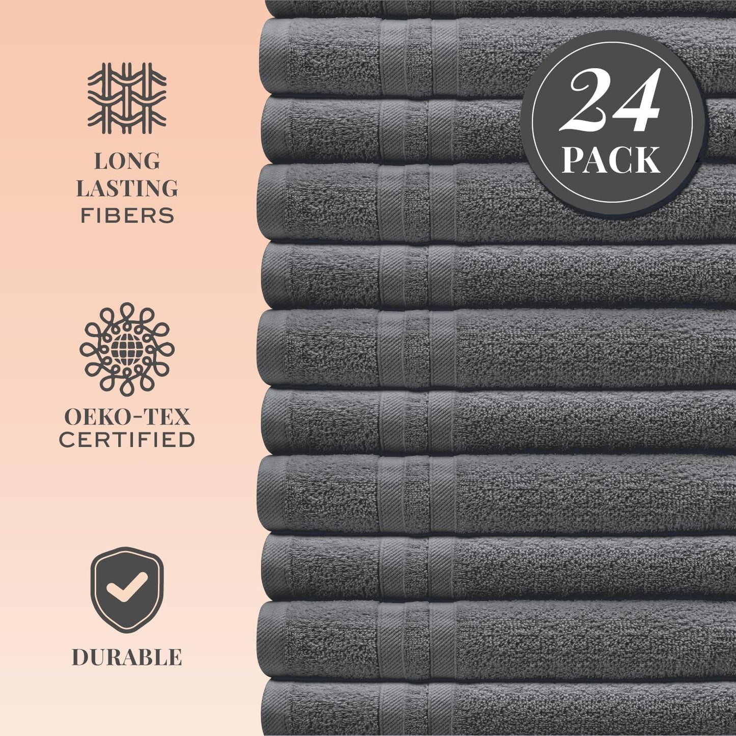 White Classic Wealuxe Dark Gray Washcloths 24 Pack - 600 GSM 100% Ring-Spun Cotton Wash Cloths for Showering, Highly