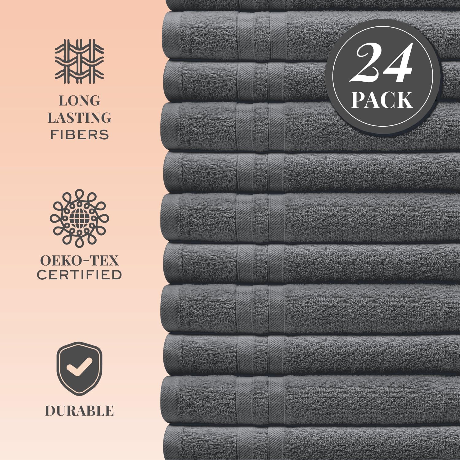 White Classic Wealuxe Dark Gray Washcloths 24 Pack - 600 GSM 100% Ring-Spun Cotton Wash Cloths for Showering, Highly