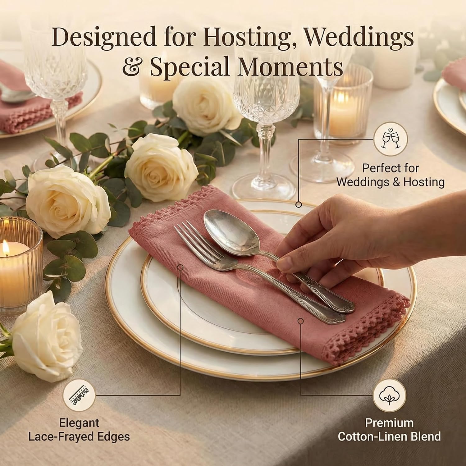 ACCENTHOME Blush Cloth Napkins Set of 12 18x18 inch Cotton Linen Dinner Napkins - Washable Soft Premium Hotel Quality