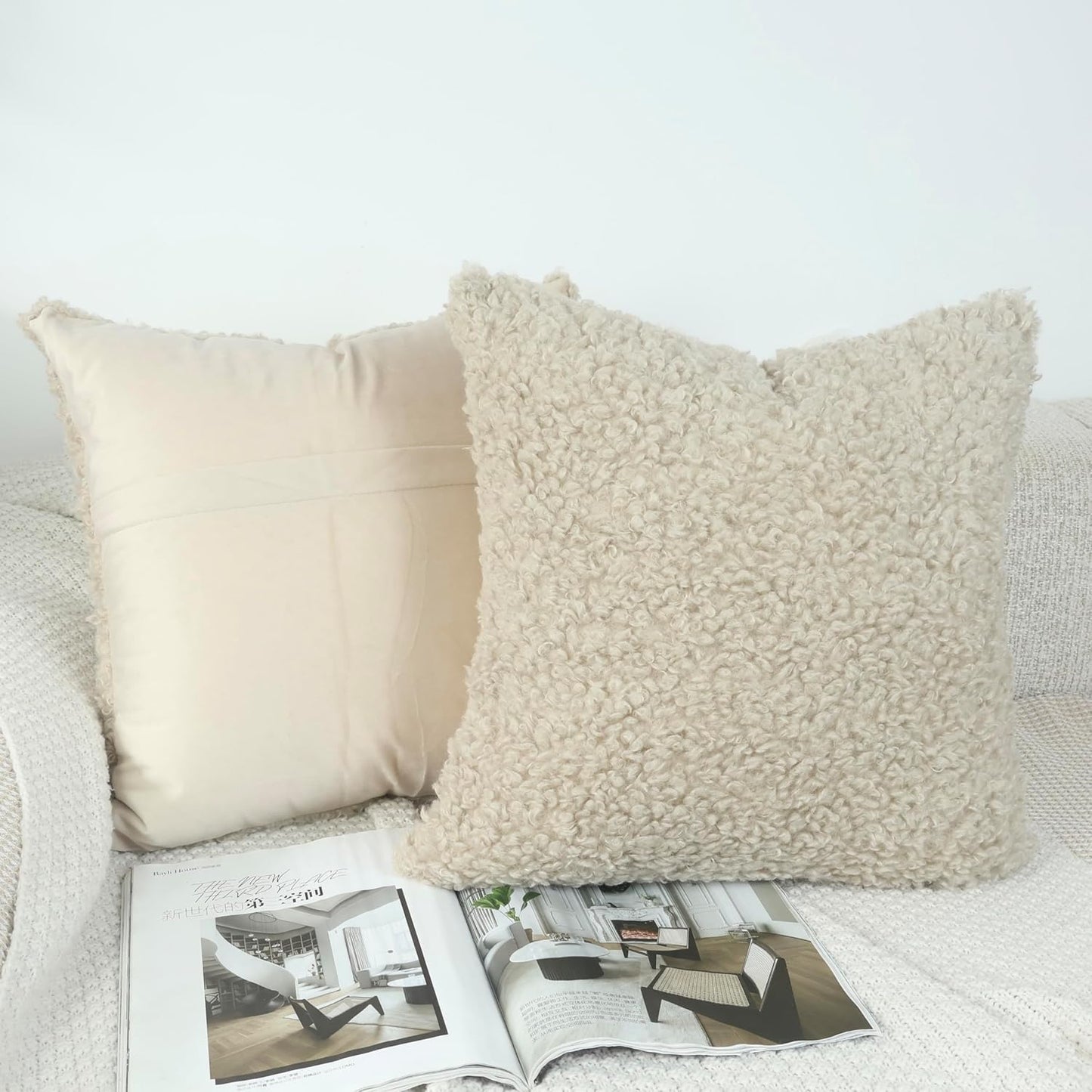 Faux Fur Decorative Pillow Covers Soft Fluffy Sherpa Boucle Throw / Oatmeal / 18 x 18 / Set of 2