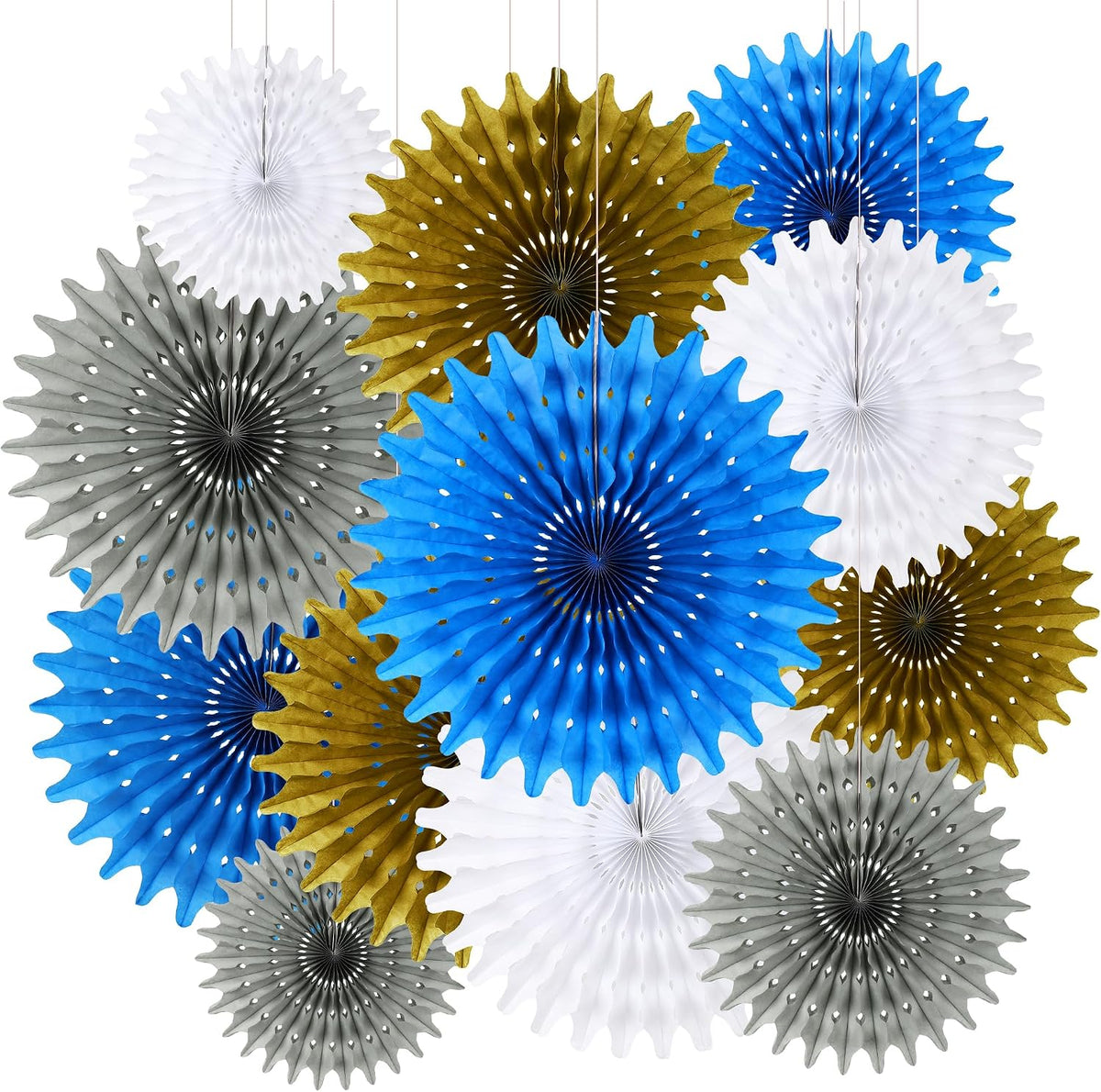 BestoFun 12PCS Blue Gold Silver Hanging Honeycomb Paper Fans Decoration Set for New Year Graduation Birthday Wedding Bachelorette Baby Shower Backdrops Anniversary Paper Party Supplies