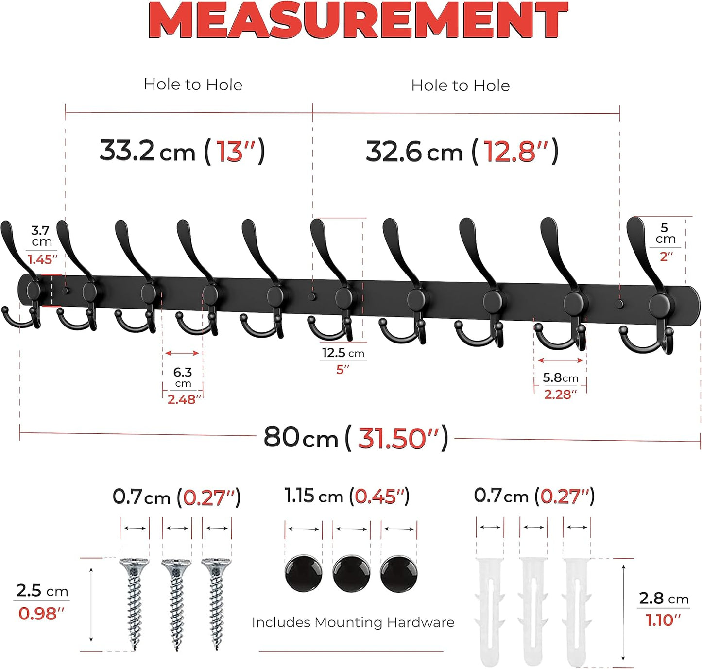 Coat Rack Wall Mount with 10 Tri Hooks – 32 Inch Stainless Steel Coat Hook Rack, Heavy Duty Wall Mounted Organizer for