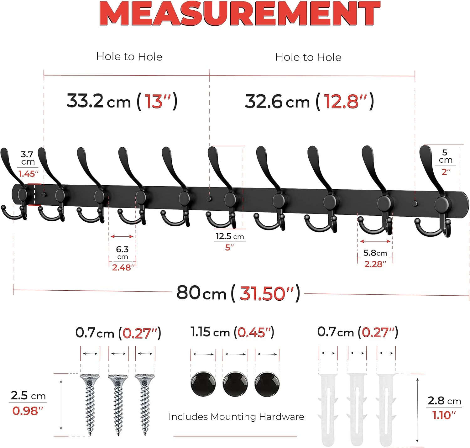 Coat Rack Wall Mount with 10 Tri Hooks – 32 Inch Stainless Steel Coat Hook Rack, Heavy Duty Wall Mounted Organizer for