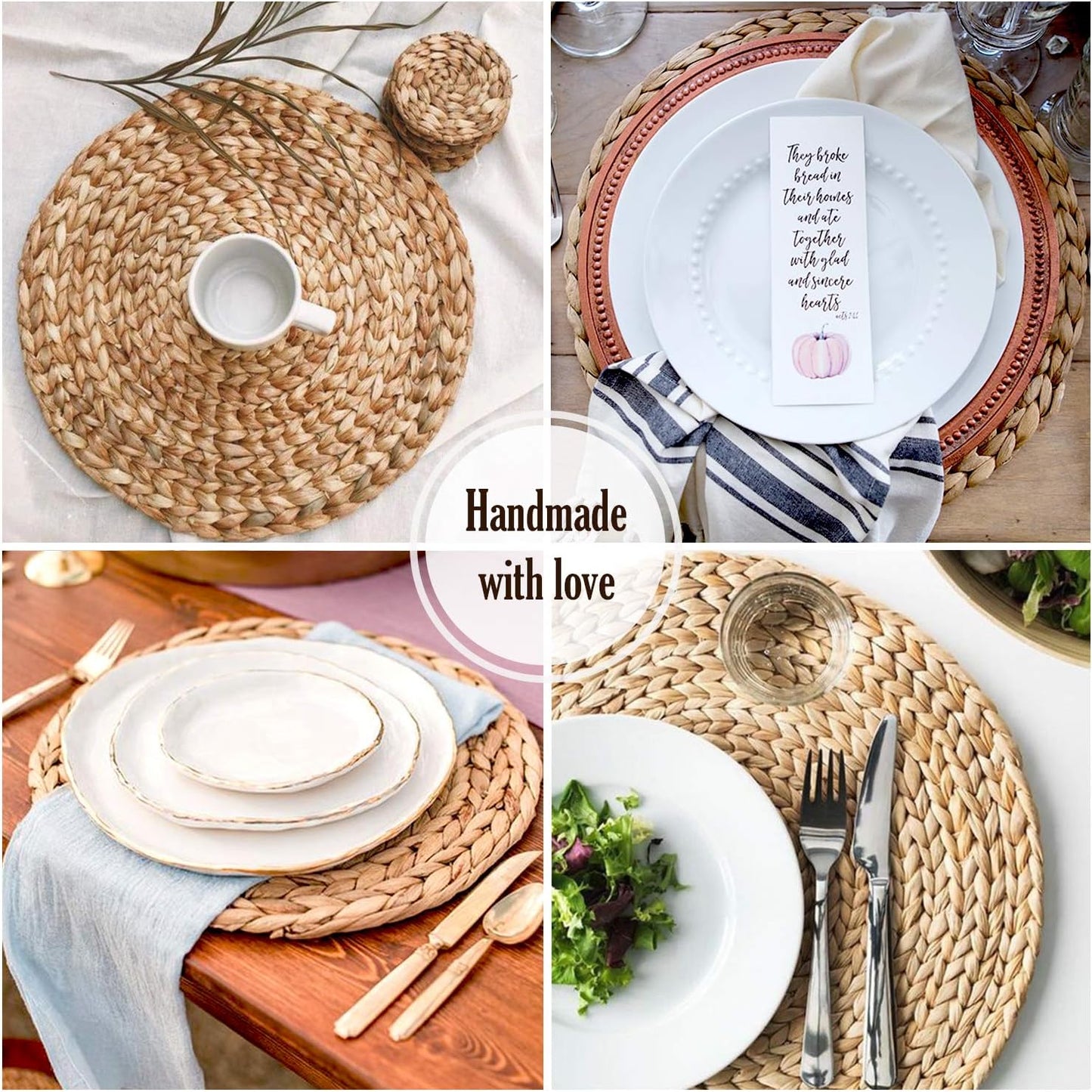 Round Woven Placemats Set of 10, Water Hyacinth Rattan Placemats for Outdoor Patio Dining, Heat Resistant Charger