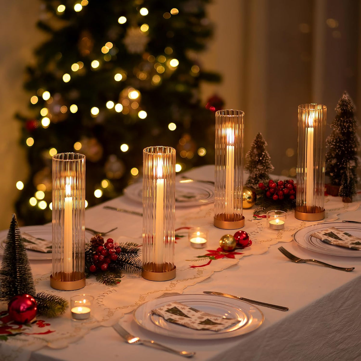 Hewory Hurricane Glass Candle Holders: Set of 8 Gold Candlestick Holders with 11" Tall Clear Cylinder Hurricane Cover