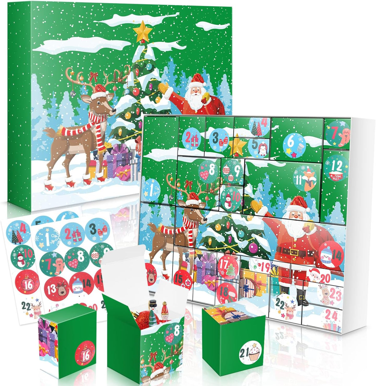 Linelglobal DIY Christmas Advent Calendar to Fill Empty Gift Box Set 2026-24 Days of Surprise Boxes for Kids, Family & Friends - Green