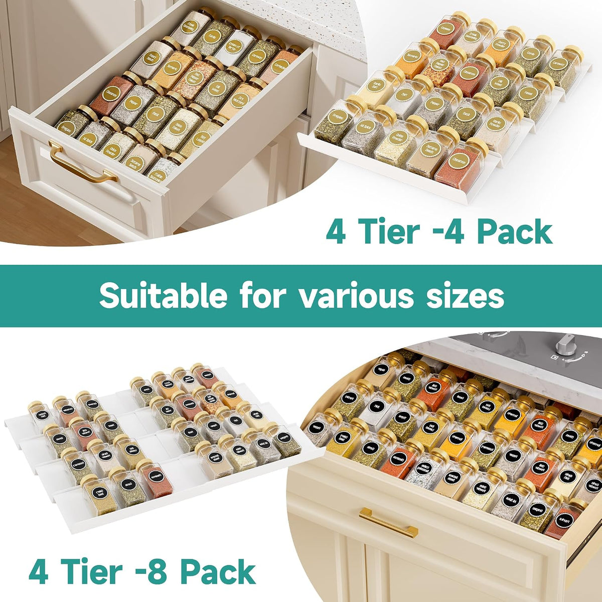 MIUKAA White Spice Drawer Organizer, 4 Tier - 8 Pack Seasoning Organizer for Drawer, Expandable From 13" to 26" Kitchen