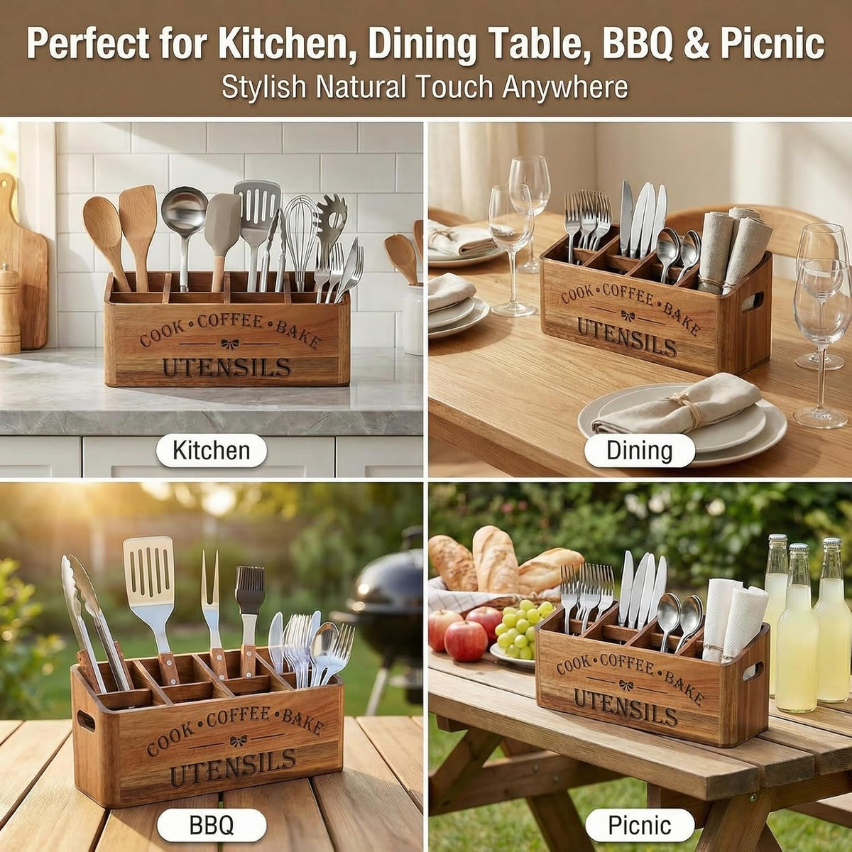 Acacia Wood Utensil Holder, 4 Compartments, Countertop or Wall | Extra-large acacia wood holder with ventilation holes