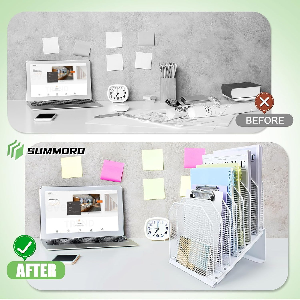 SUMMORO Inclined File Organizer for Desk, 7-Section Vertical File Holder | Office Desk Organizer Metal Rack File