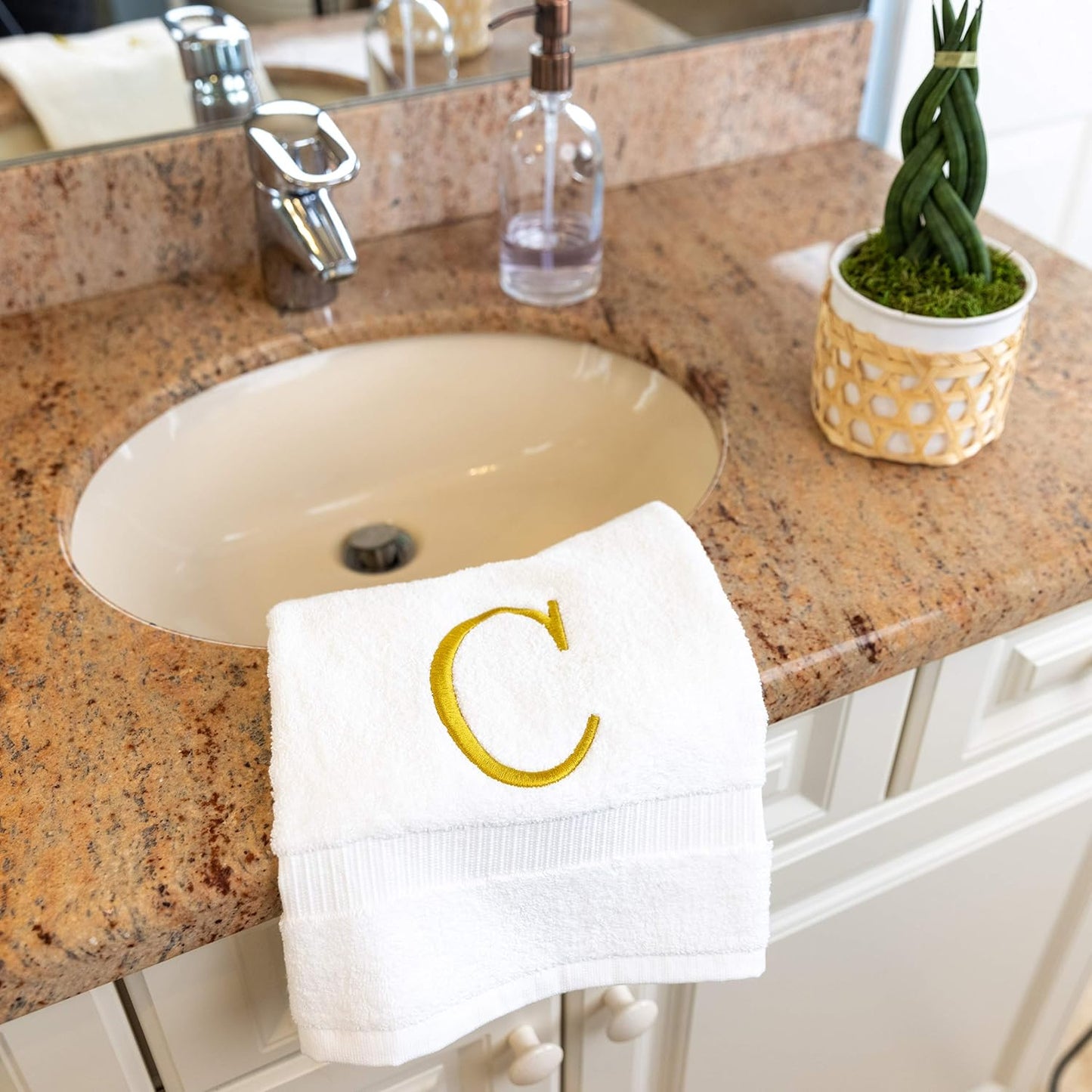 White with Gold Monogrammed Hand Towels for Bathroom - Set of 2 Letter C | Luxury Hotel Quality Initial Towels For