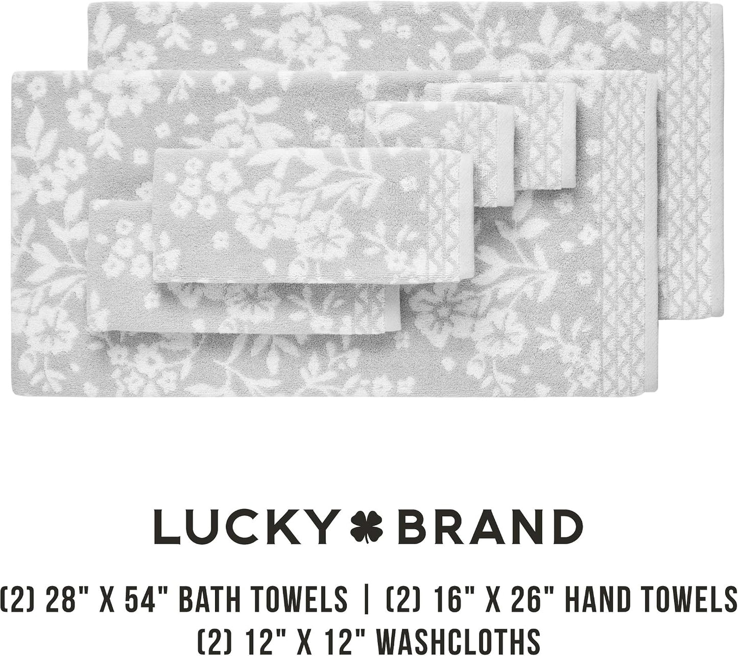 Lucky Brand Folk Floral 6 Piece Bath Towel Set - (2) Bath Towels, (2) Hand Towels, and (2) Washcloths - Glacier Grey