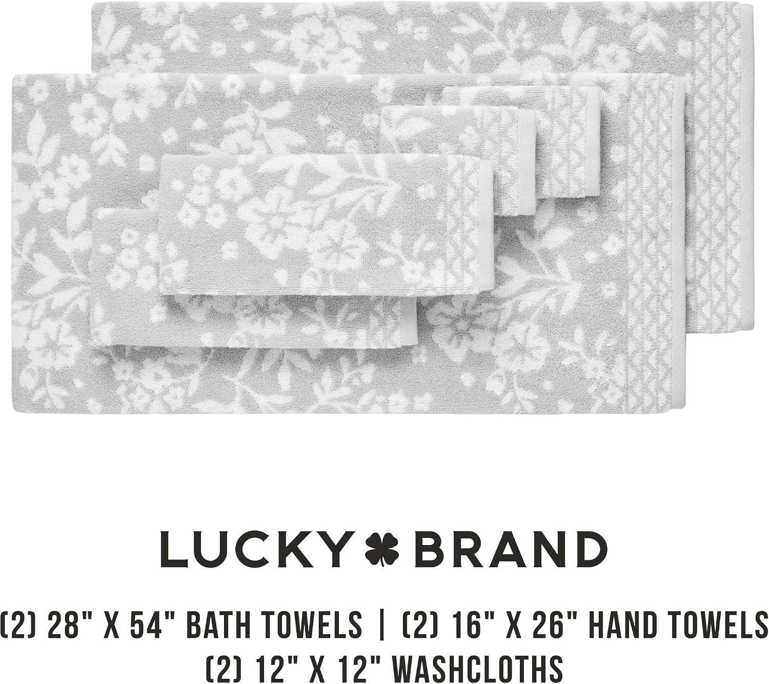 Lucky Brand Folk Floral 6 Piece Bath Towel Set - (2) Bath Towels, (2) Hand Towels, and (2) Washcloths - Glacier Grey