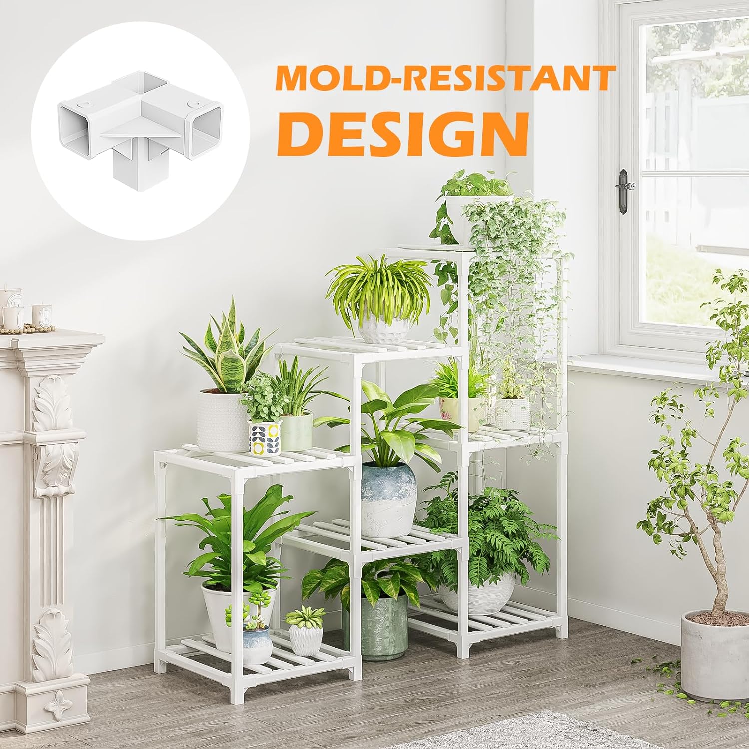 Bamworld Indoor Plant Stand Outdoor White Shelf Bamboo Plant Table for Multiple Plants 3 Tiers 7 Pots Ladder Holder Pot