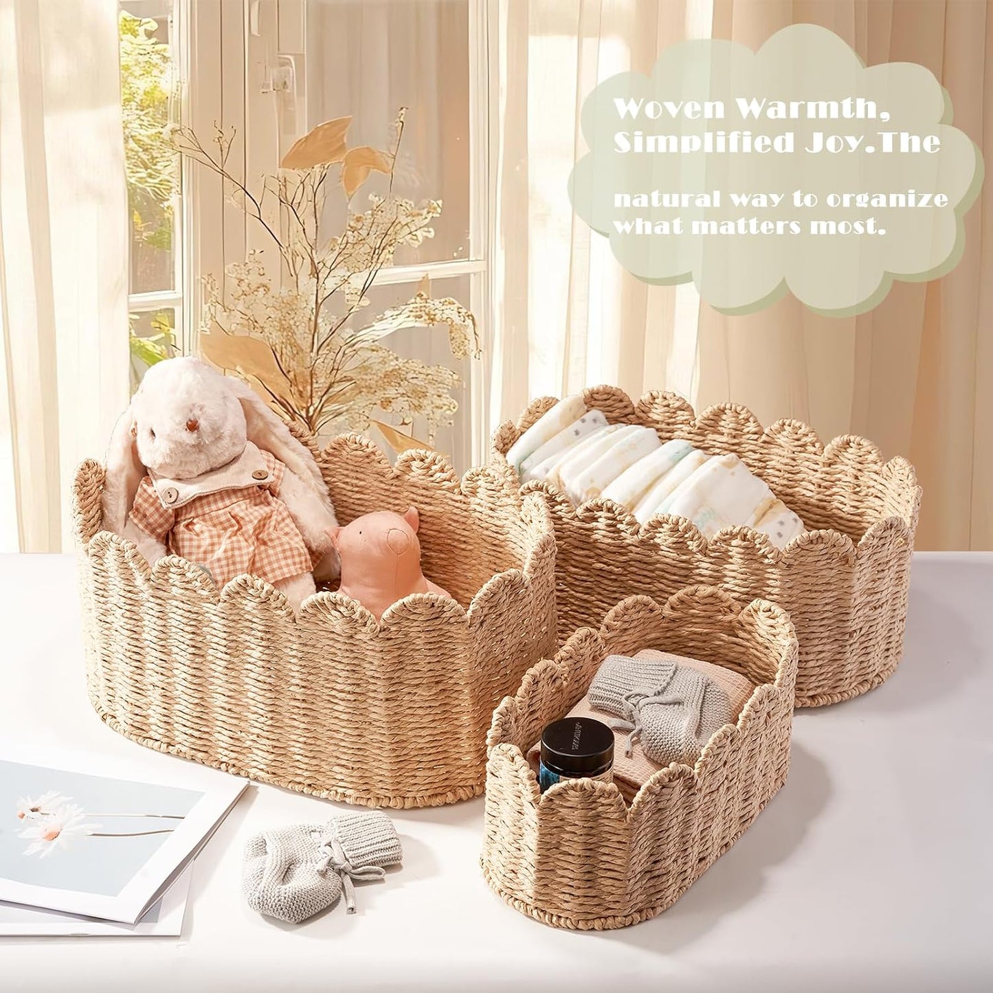 Scalloped Basket / Wicker Storage Baskets / Set of 3