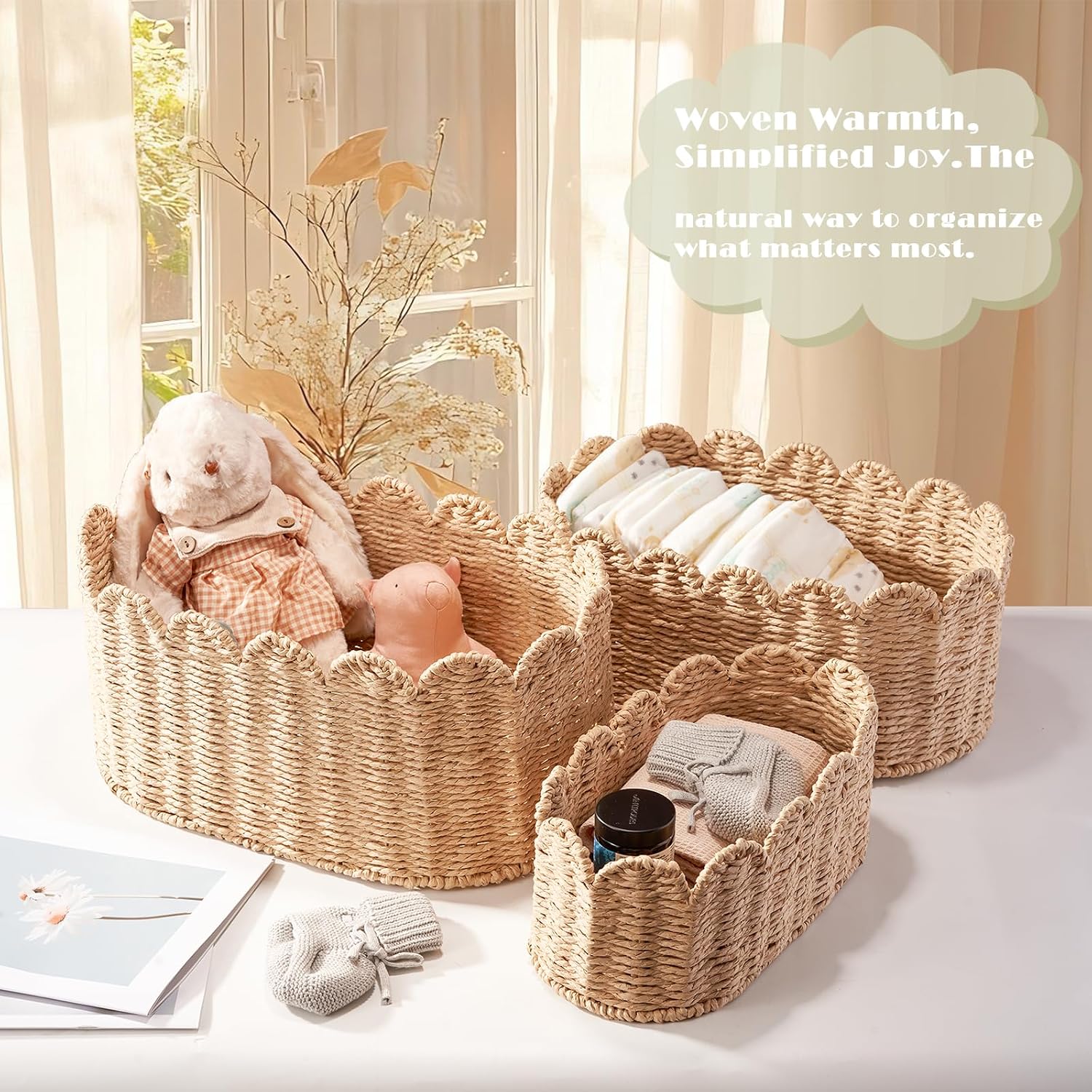 Scalloped Basket / Wicker Storage Baskets / Set of 3
