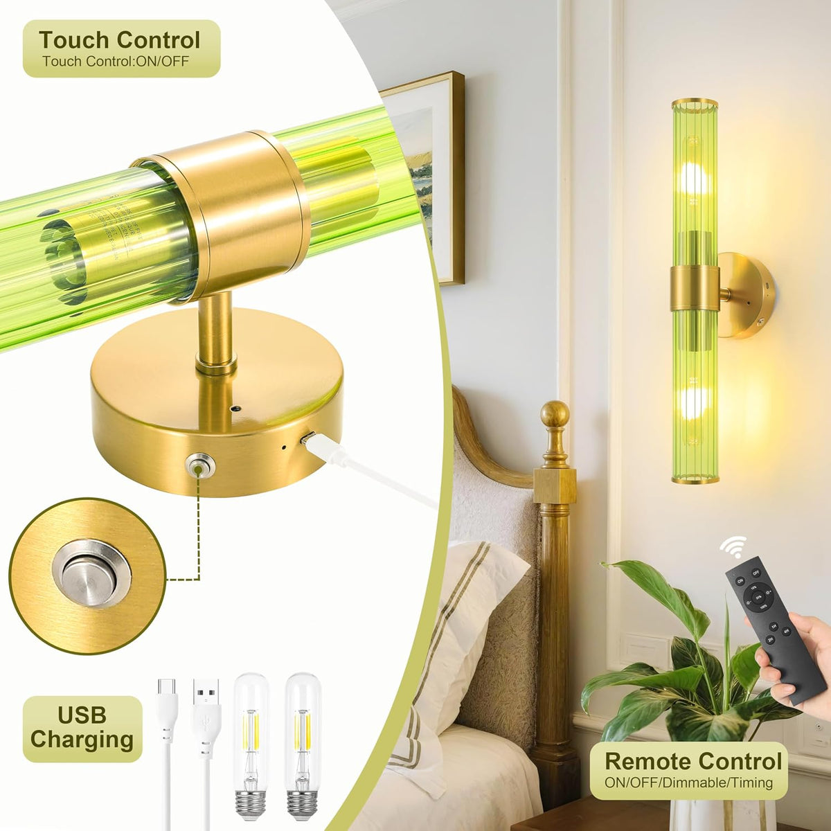 Morauroral Gold Battery Operated Wall Sconces Set of 2, Rechargeable Wall Lights with Remote Control, 20 Inch Modern