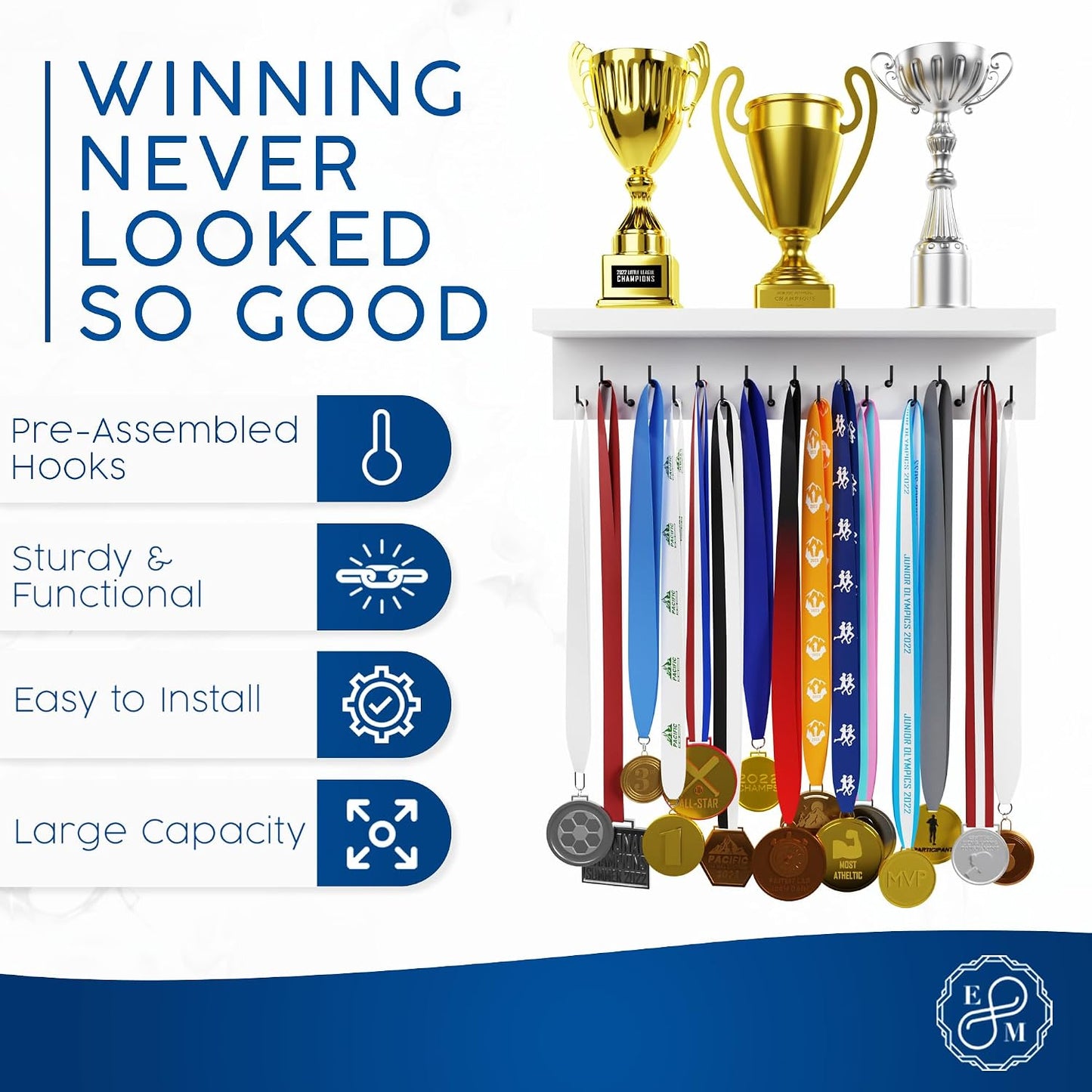 EVERMORE Medal Hanger Display and Trophy Shelf with Hooks - Wooden Medal Holder for Wall Mount Ribbon Display, Trophy