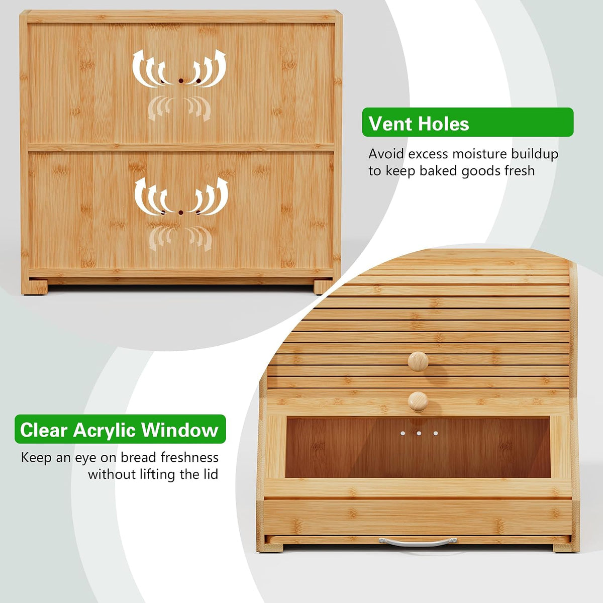 HOLTICO Roll Top Bamboo Bread Box with Cutting Board for Kitchen, Wood | 2-Tier Large Wood Bread Bin for Kitchen