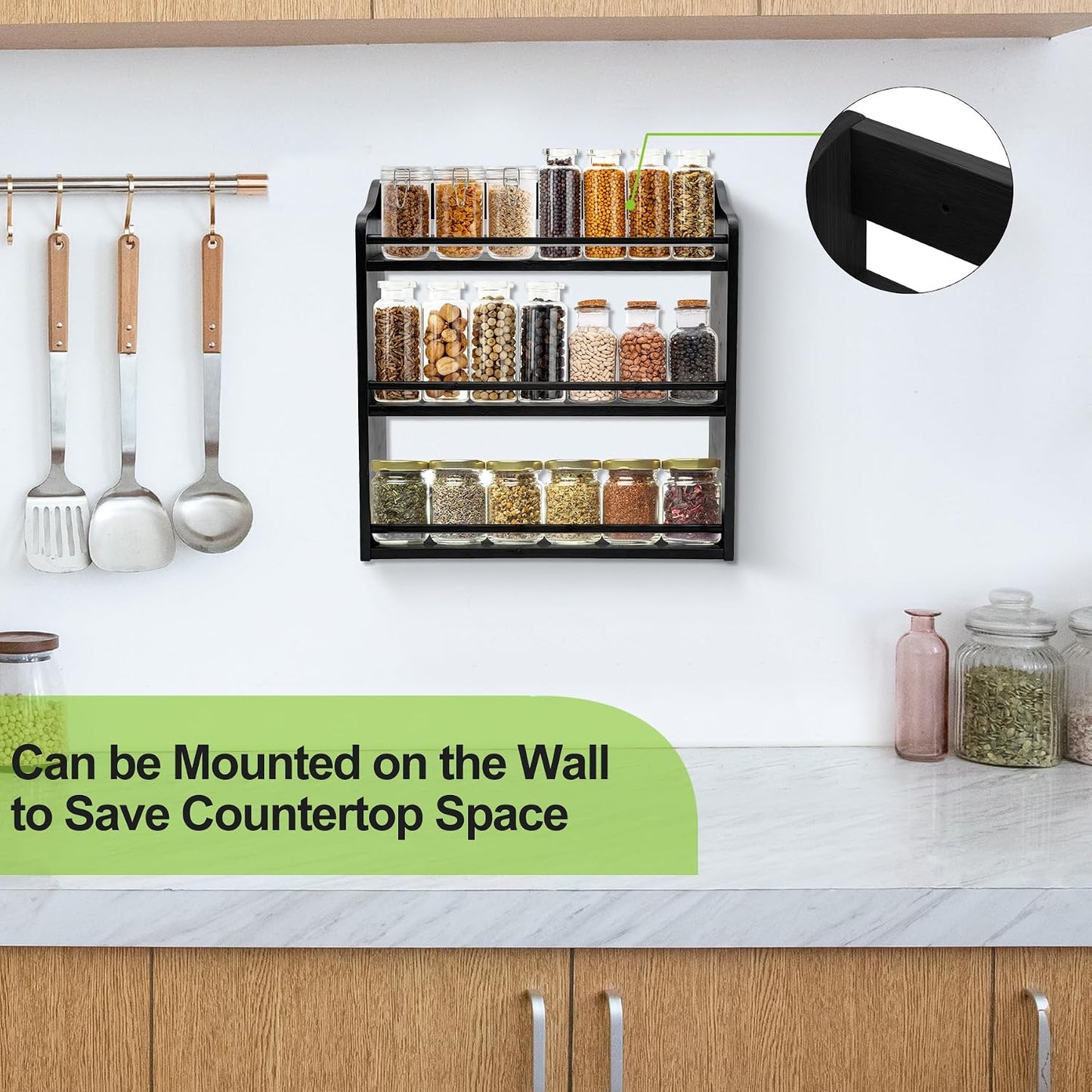 3 Tier Bamboo Spice Rack Wall Mount or Countertop,Spice Organizer | Seasoning Jars Rack Spice Shelf Organizer for