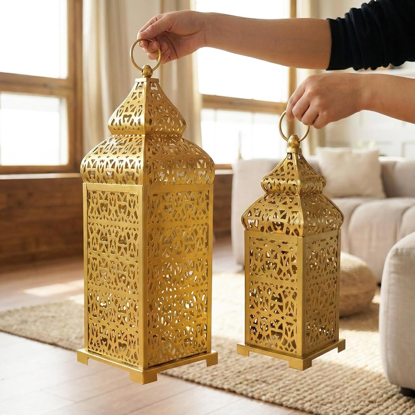 Vela Lanterns Decorative Indoor Moroccan Candle Holders, Gold, Set of 2 | Ramadan, Eid & Islamic Home Decor, Large
