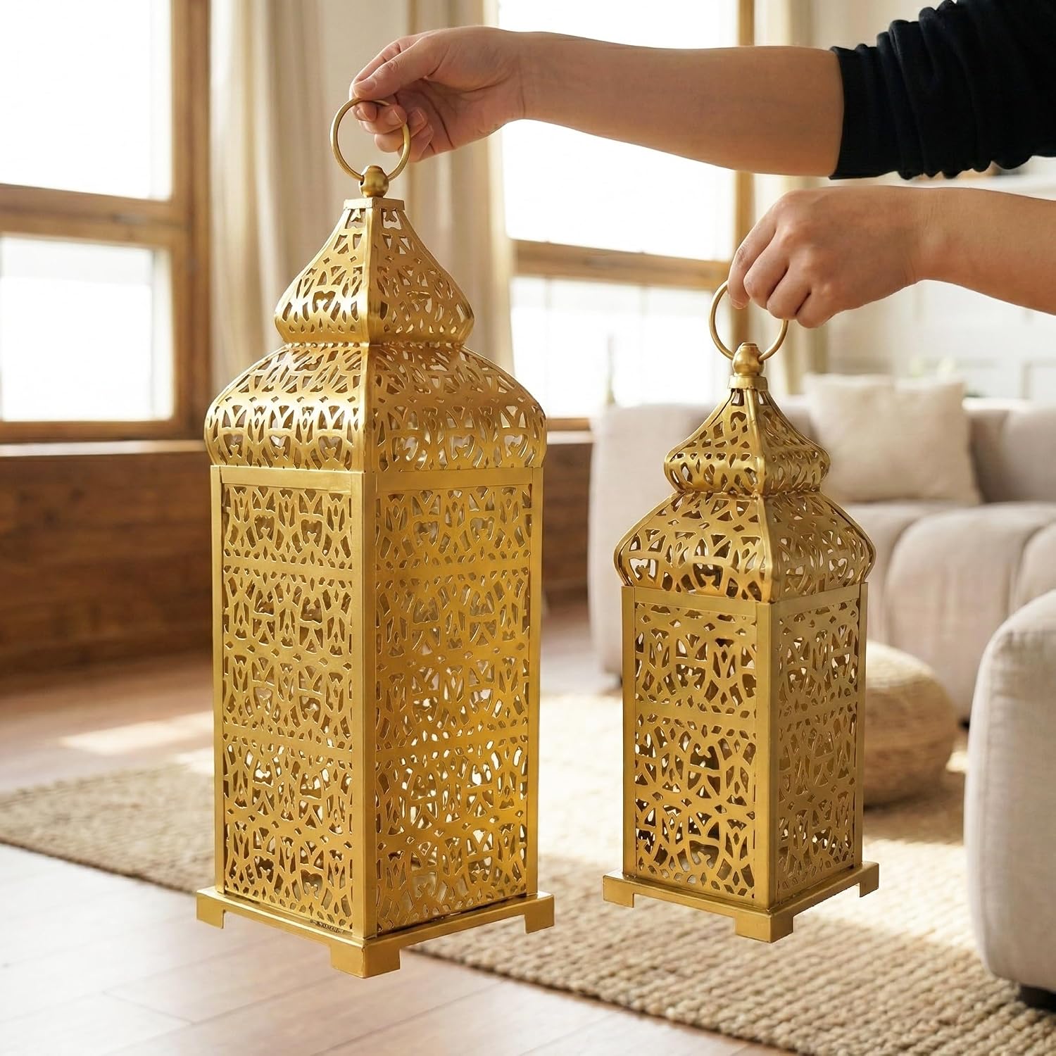 Vela Lanterns Decorative Indoor Moroccan Candle Holders, Gold, Set of 2 | Ramadan, Eid & Islamic Home Decor, Large