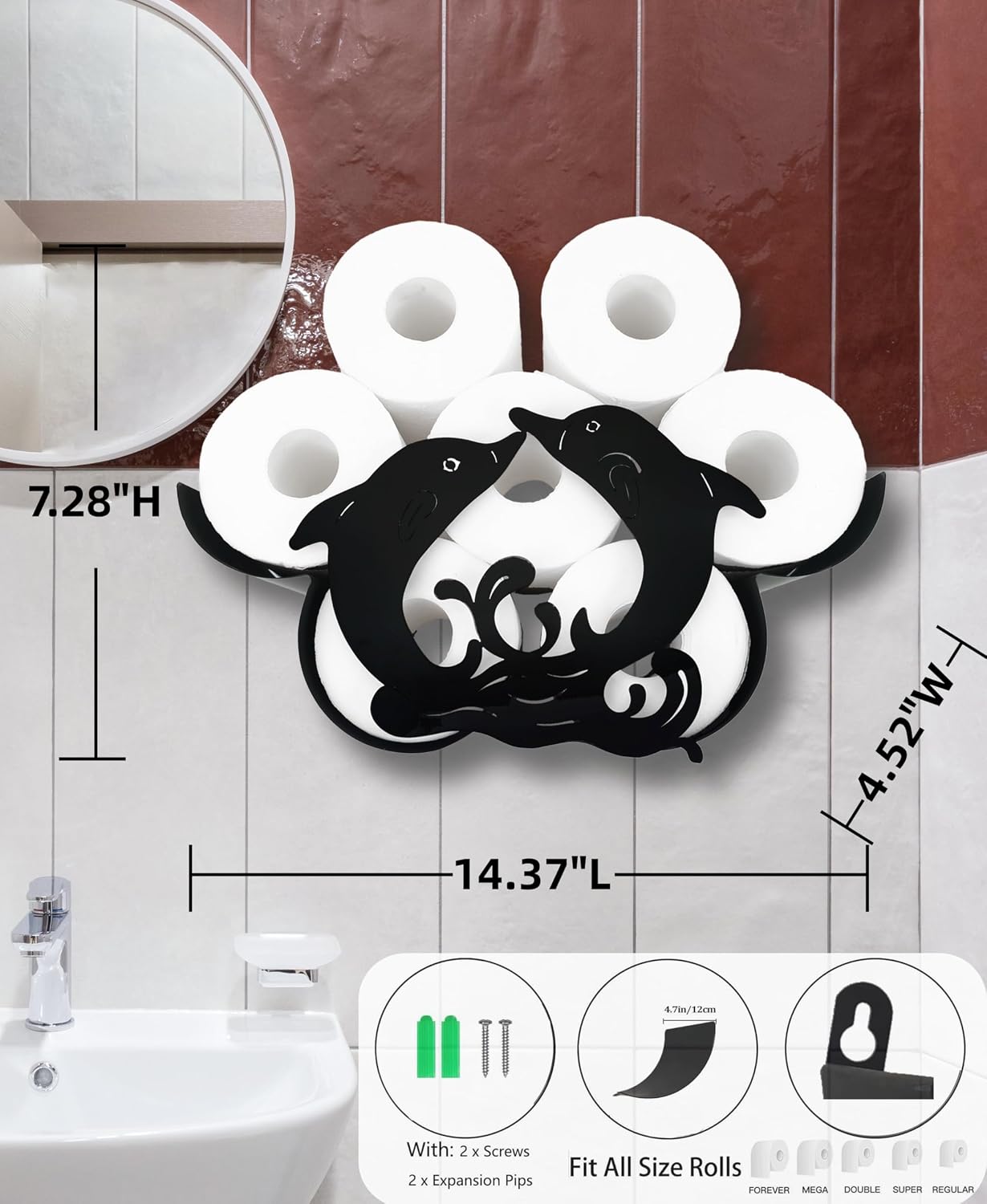 Dolphin Wall-Mounted Toilet Paper Holder: Stylish Bathroom Storage for 8 Rolls, Decorative Metal Design, Corrosion