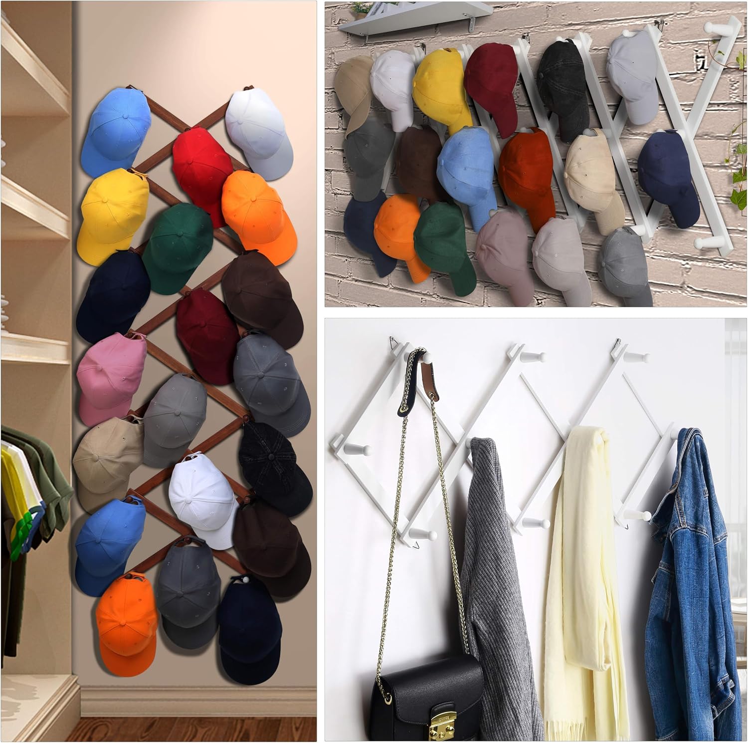 Accordion Wall Hanger:16'' High Wooden Expandable Coat Rack, Hat Rack for Wall,Accordion Hook for Baseball