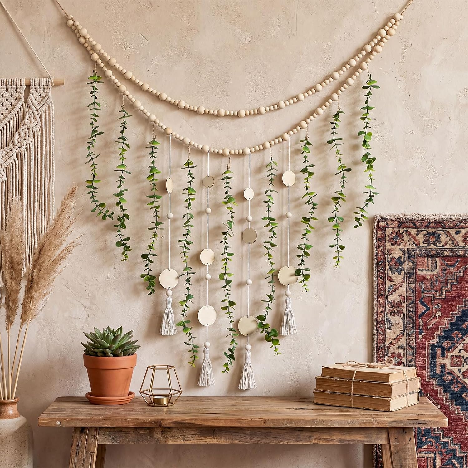 Hanging Eucalyptus Boho Wall Decor Large Boho Bedroom Wall Hanging Wooden Bead Garland / Natural