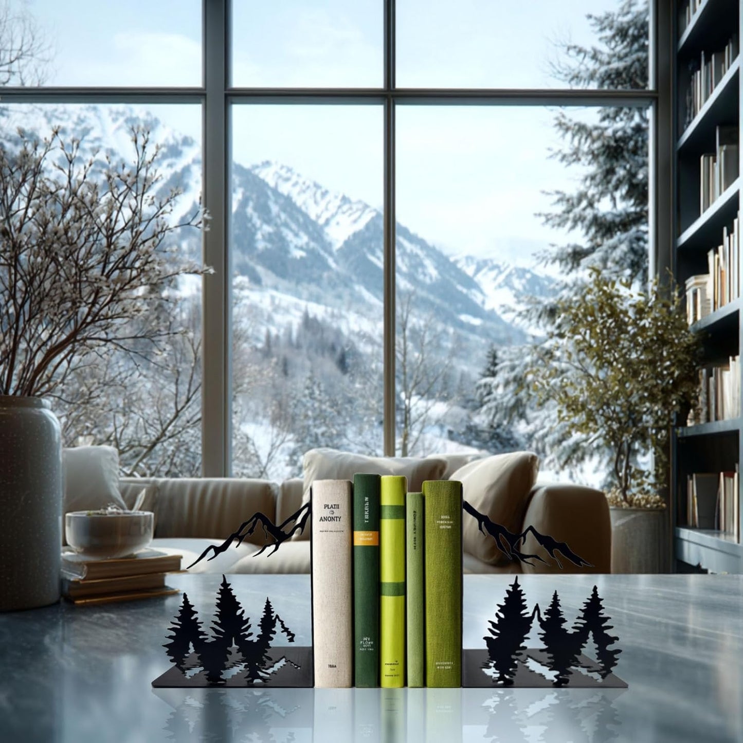 Decorative Metal Bookends / Mountain / Matte Black