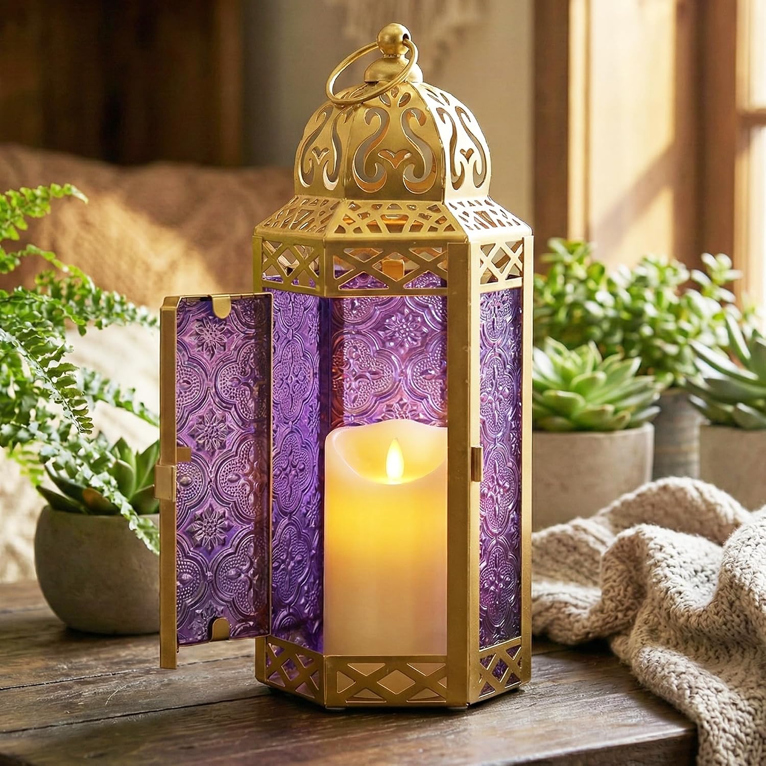 Vela Lanterns Decorative Indoor Candle Holder, Gold Purple, M, 3-PK | Ramadan Lanterns for Home, Purple Whimsigoth