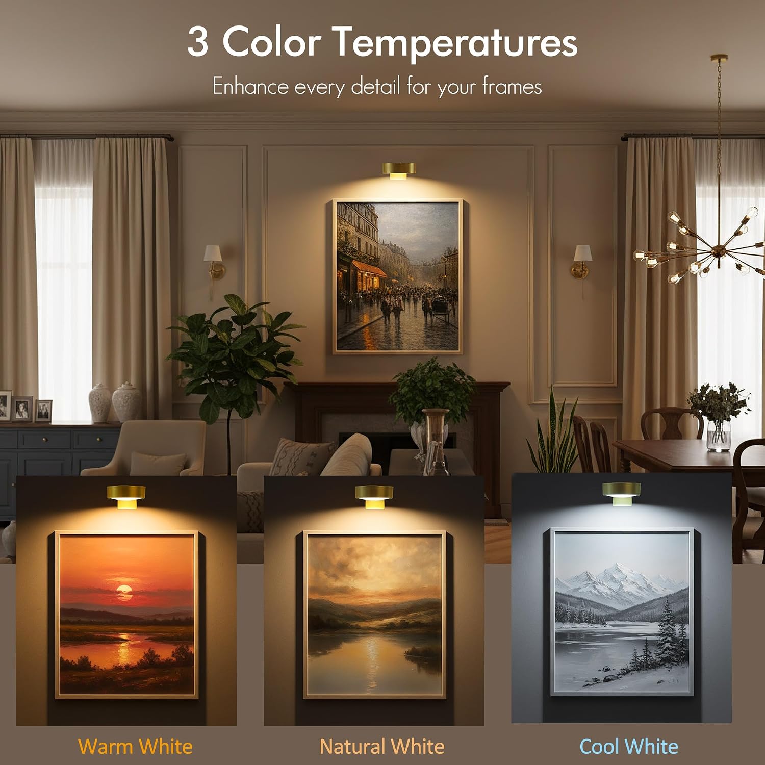 Picture Lights for Wall, Rechargeable Battery Wireless Poster Lights, Gold | LED Magnetic Painting Light with Remote