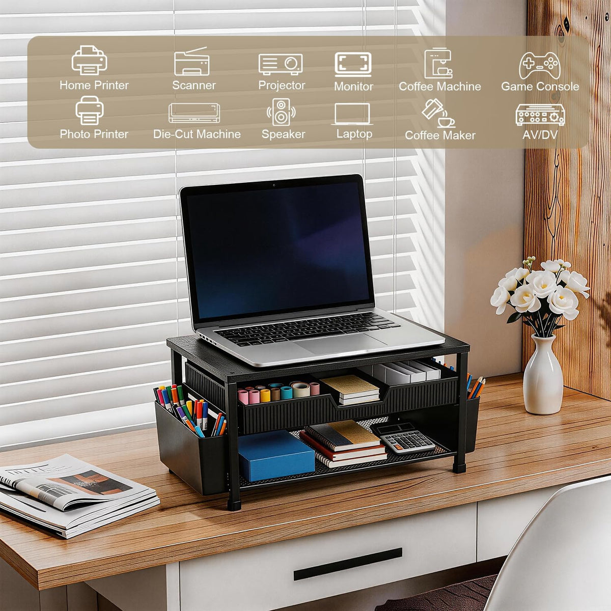 Printer Stand for Desk, Desk Organizer with Storage, Desktop Printer Table for Home Office, Multi-Purpose for Home