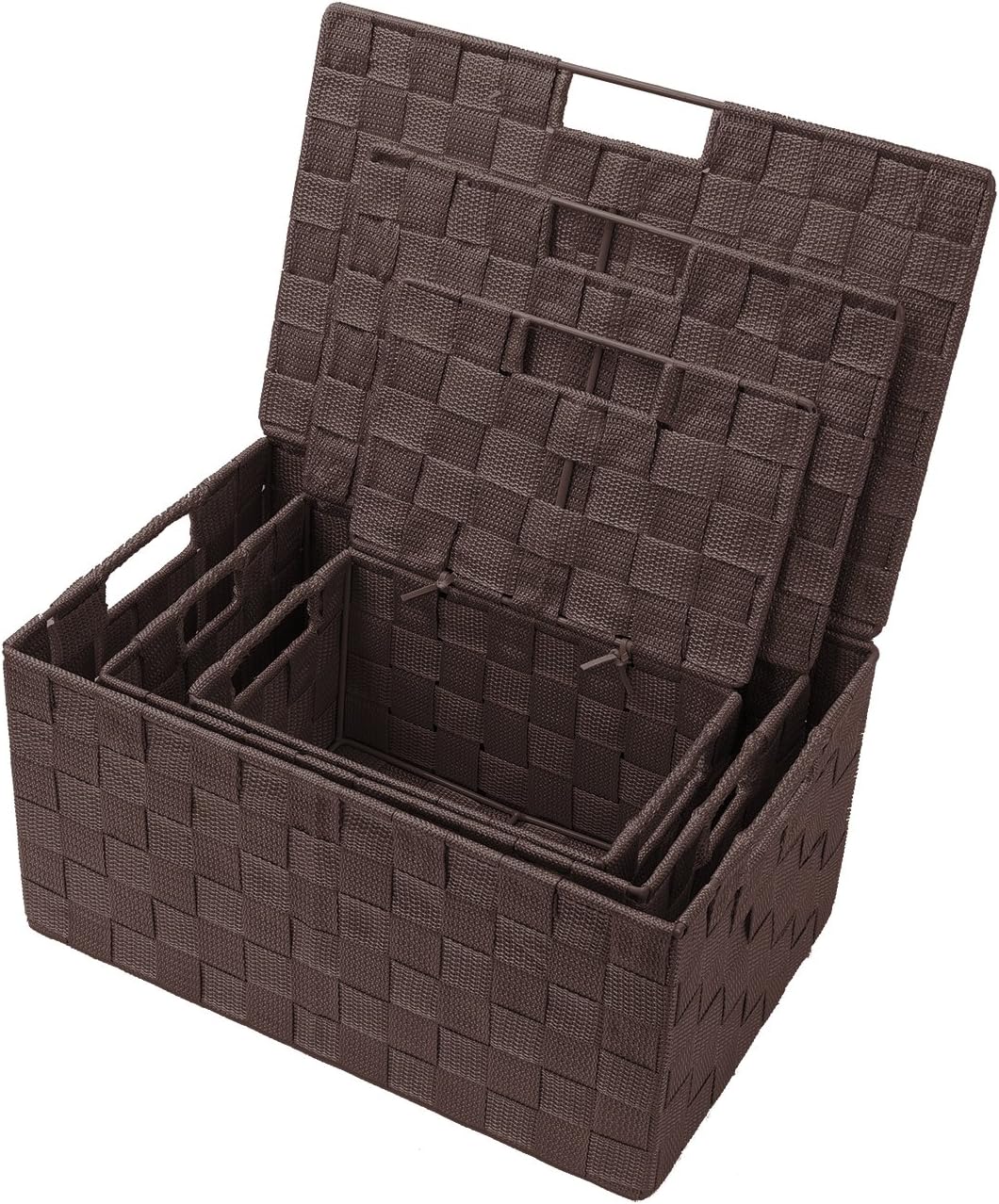 Hand-Woven Storage Baskets / Lid Bins / Chocolate / Set of 3