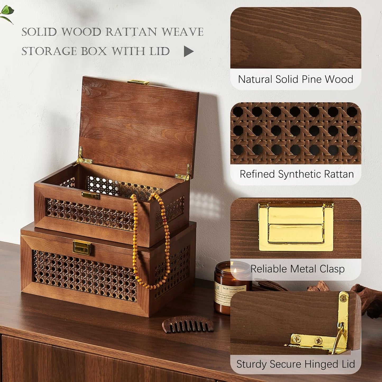 Decorative Rattan Storage Boxes Solid Wood Woven Baskets Bins / Walnut / Natural