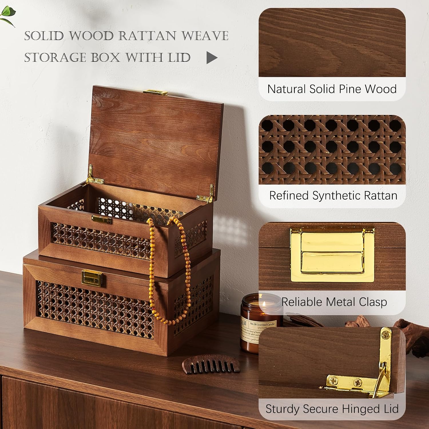 Decorative Rattan Storage Boxes Solid Wood Woven Baskets Bins / Walnut / Natural