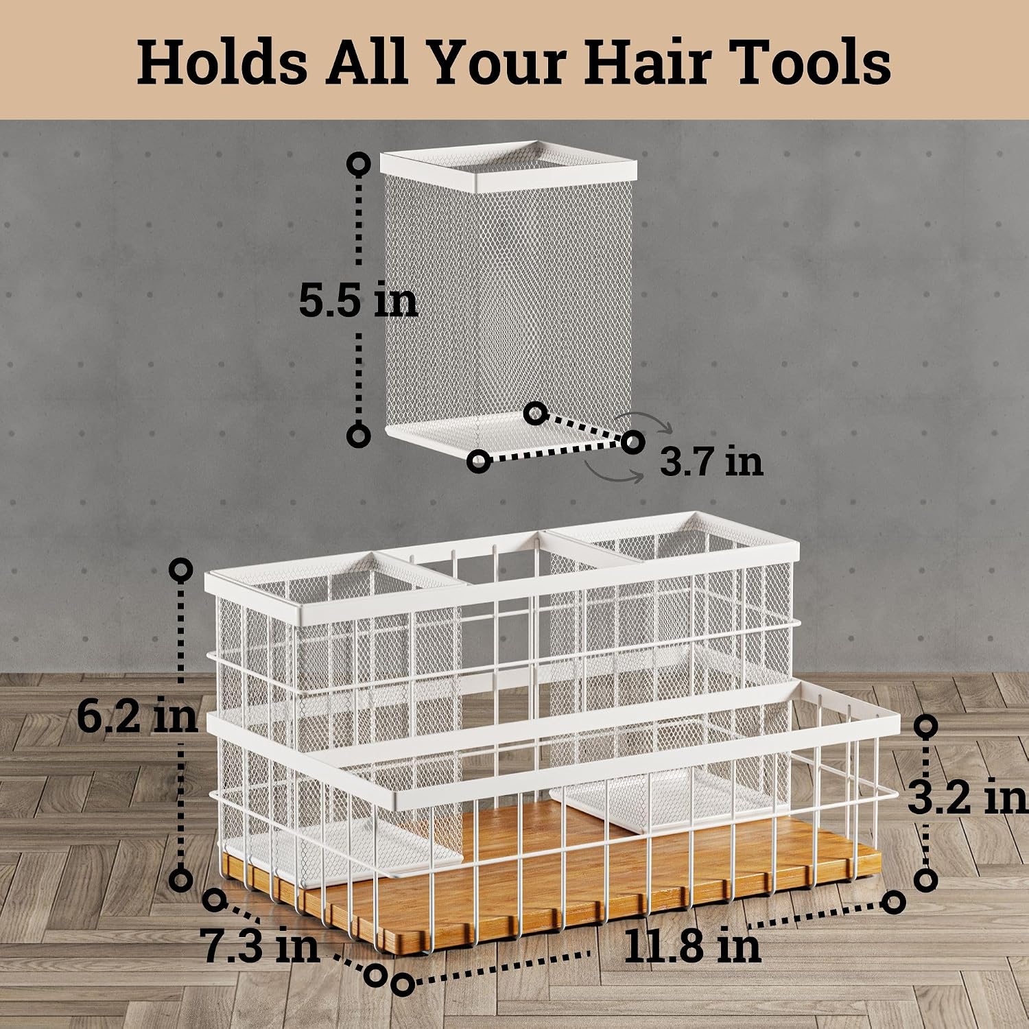 Hair Tool Organizer Countertop, Breathable Metal & Bamboo, Heat-Resistant | No Assembly Required, Removable Baskets
