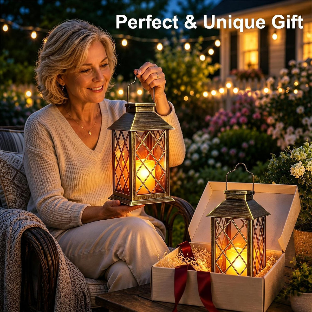 Outdoor Solar Lanterns 14'' Large Solar Lanterns Outdoor Waterproof, Bronze | Tempered Glass Outdoor Lanterns with