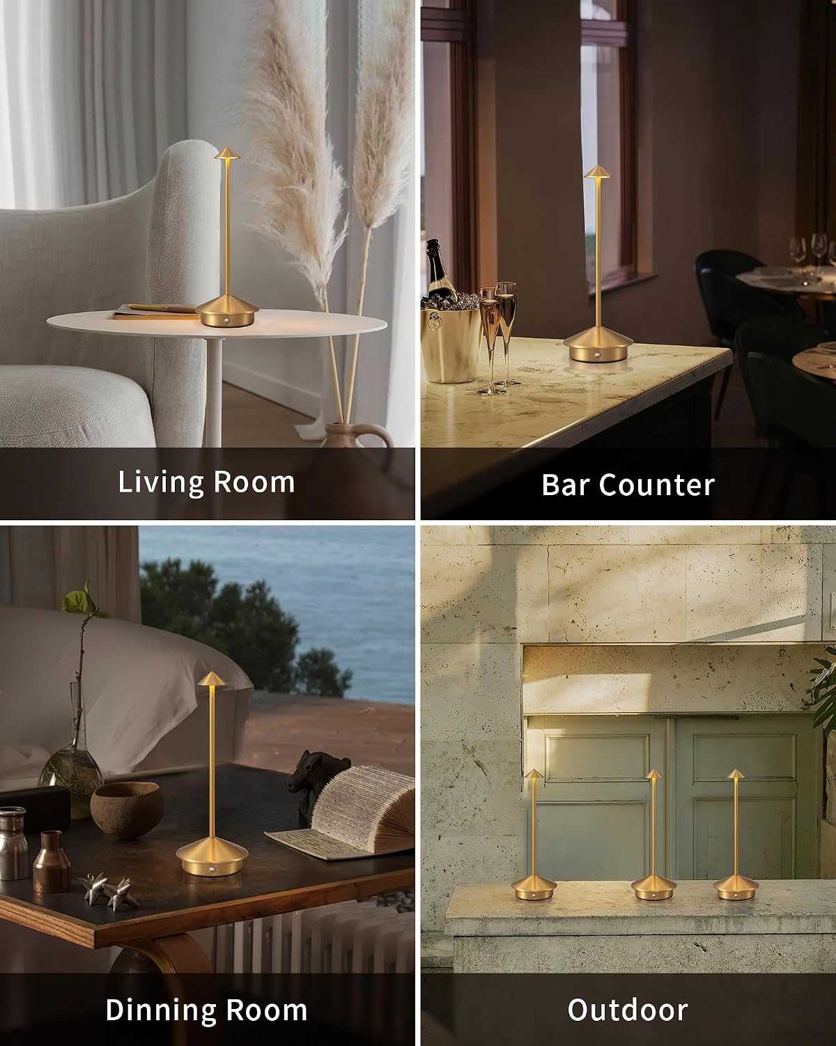 Modern Cordless Table Lamp Set of 2, Gold Portable LED Desk Lamps | 5000mAh, Rechargeable, Battery Operated Lighting
