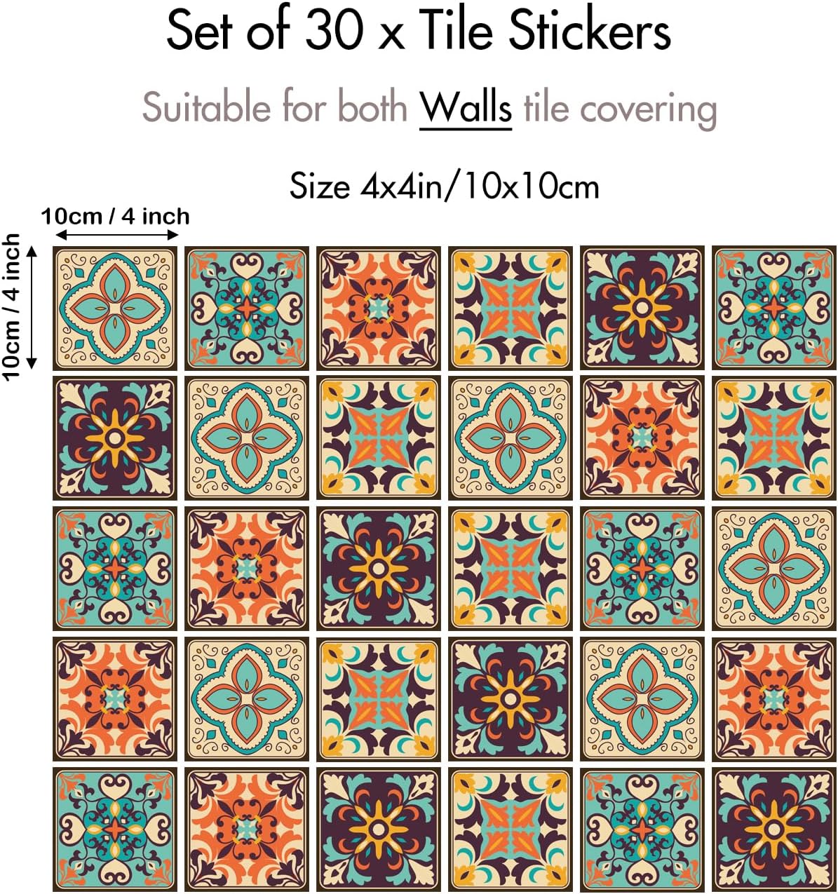 Bohemian Style Tile self-Adhesive wall Sticker / Set of 30