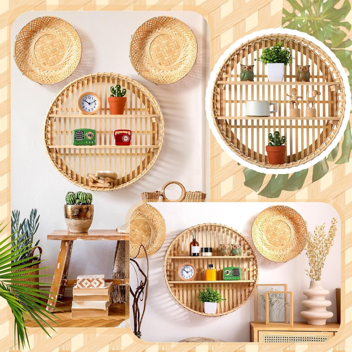 Wicker Baskets and Small Fake Plants Round / Set of 4