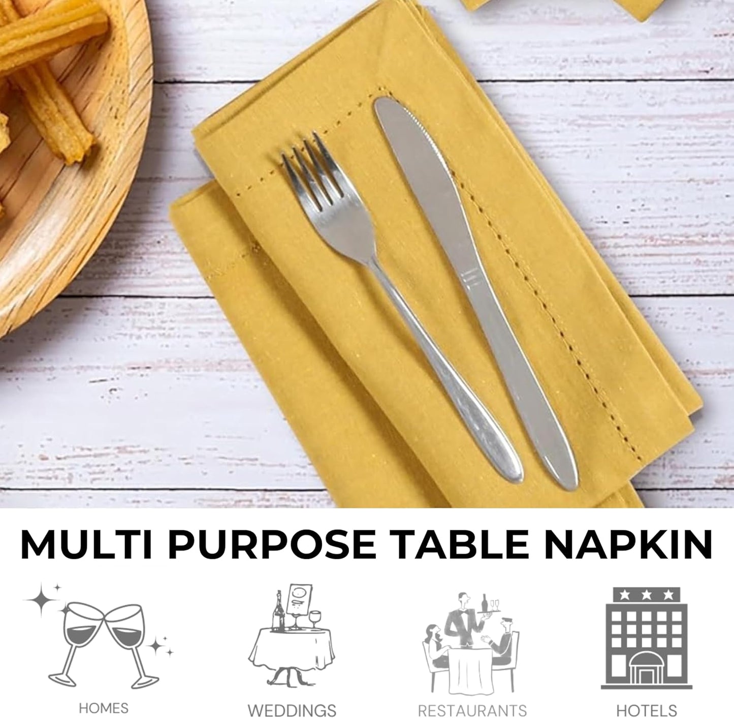 Bedding Craft Cotton Dinner Cloth Napkins Set of 12 – 18x18 Honey Yellow Hemstitched – Machine Washable Fabric Napkins