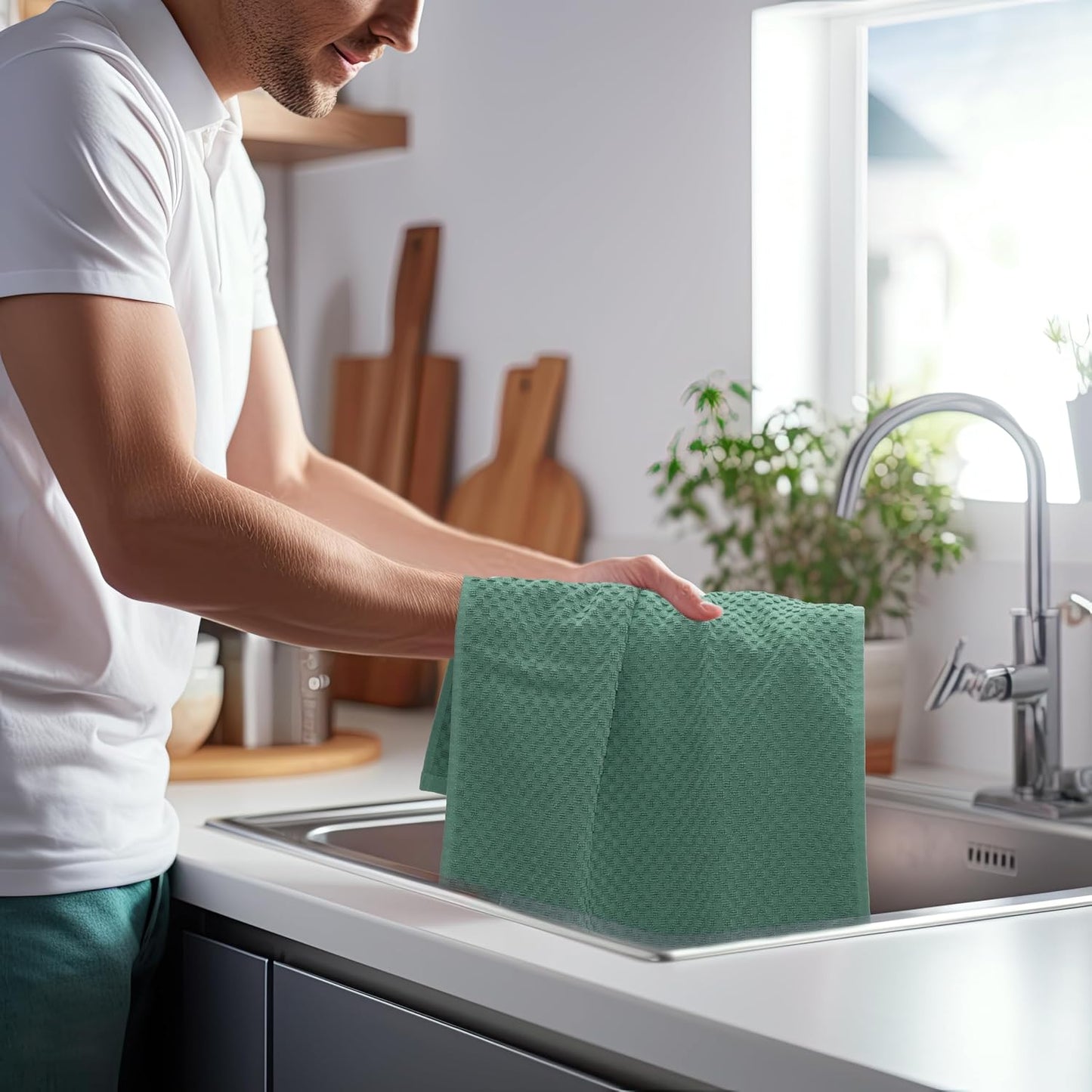 COTTON CRAFT Amazing Kitchen Towel - 12 Pack 100% Cotton Waffle Terry Towel | Seafoam 16x28 inch Euro Café Waffle Weave