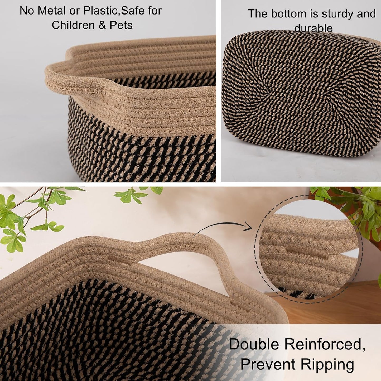 Woven Cotton Rope Basket / Brown & Black / 13.8''x9.8''x5.5 / Set of 3