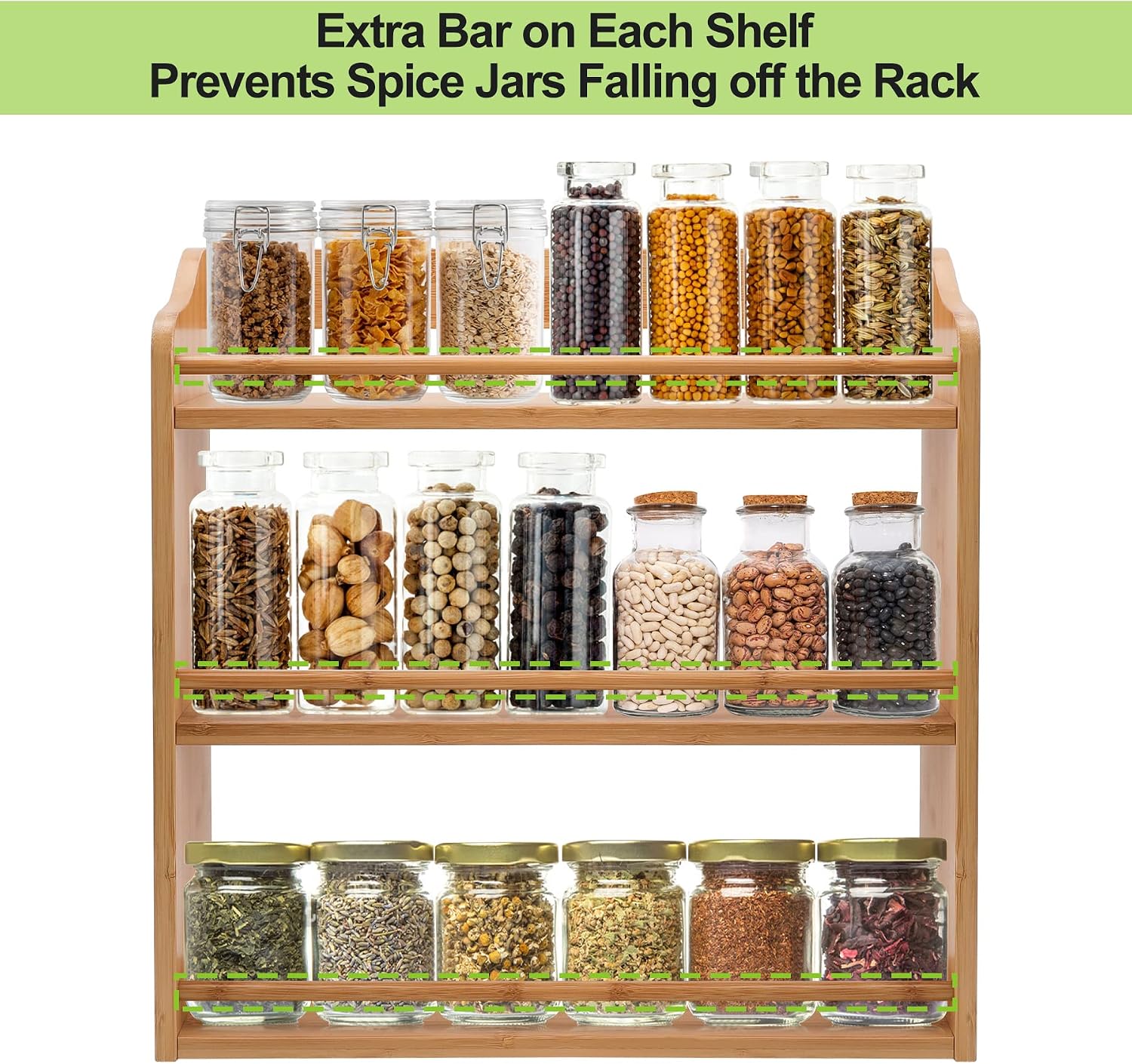 3 Tier Bamboo Spice Rack Wall Mount or Countertop,Spice Organizer | Seasoning Jars Rack Spice Shelf Organizer for