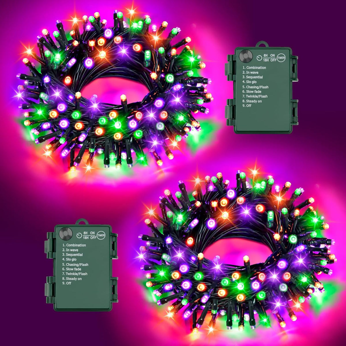Halloween Lights String Total 100LED Battery Operated Outdoor 8 Modes with Timer 16.4Ft*2, 50LED*2 Waterproof Fairy Lights Indoor for Halloween Decor, Orange&Purple&Green, 2-Pack