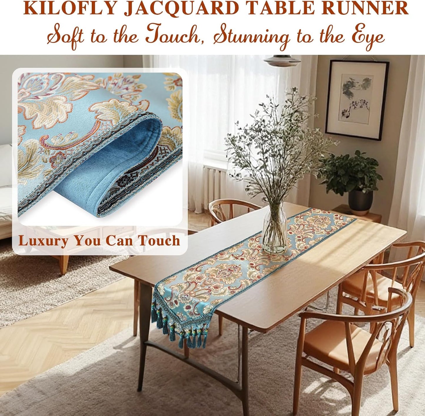 kilofly Elegant Floral Brocade Jacquard Table Runner Tassels (89 x 12 inches)