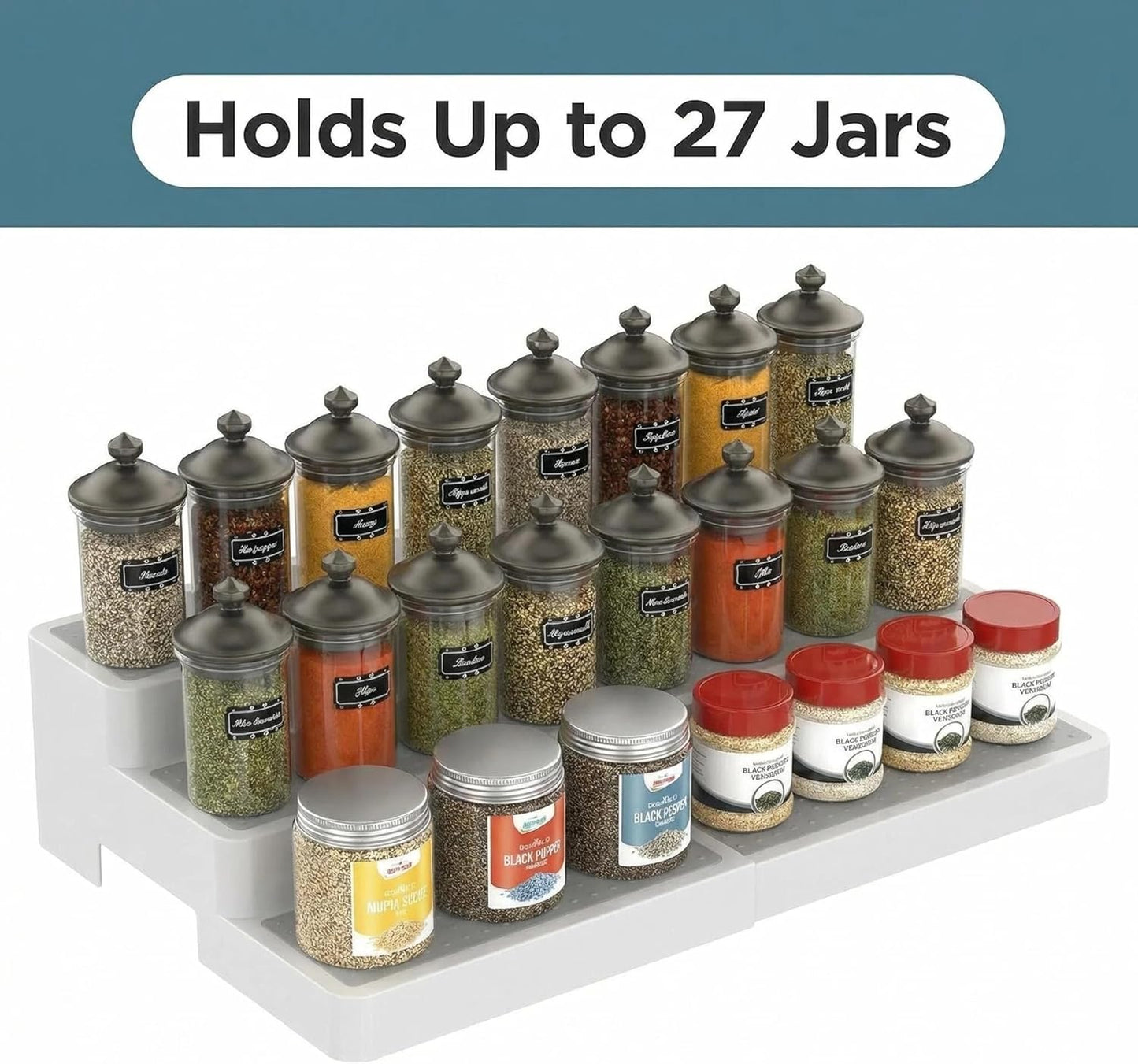 YAN & HIN Expandable Spice Rack Organizer for Cabinet (2 Pack), 3-Tier Tiered Spice Shelf Organizer with Non-Skid