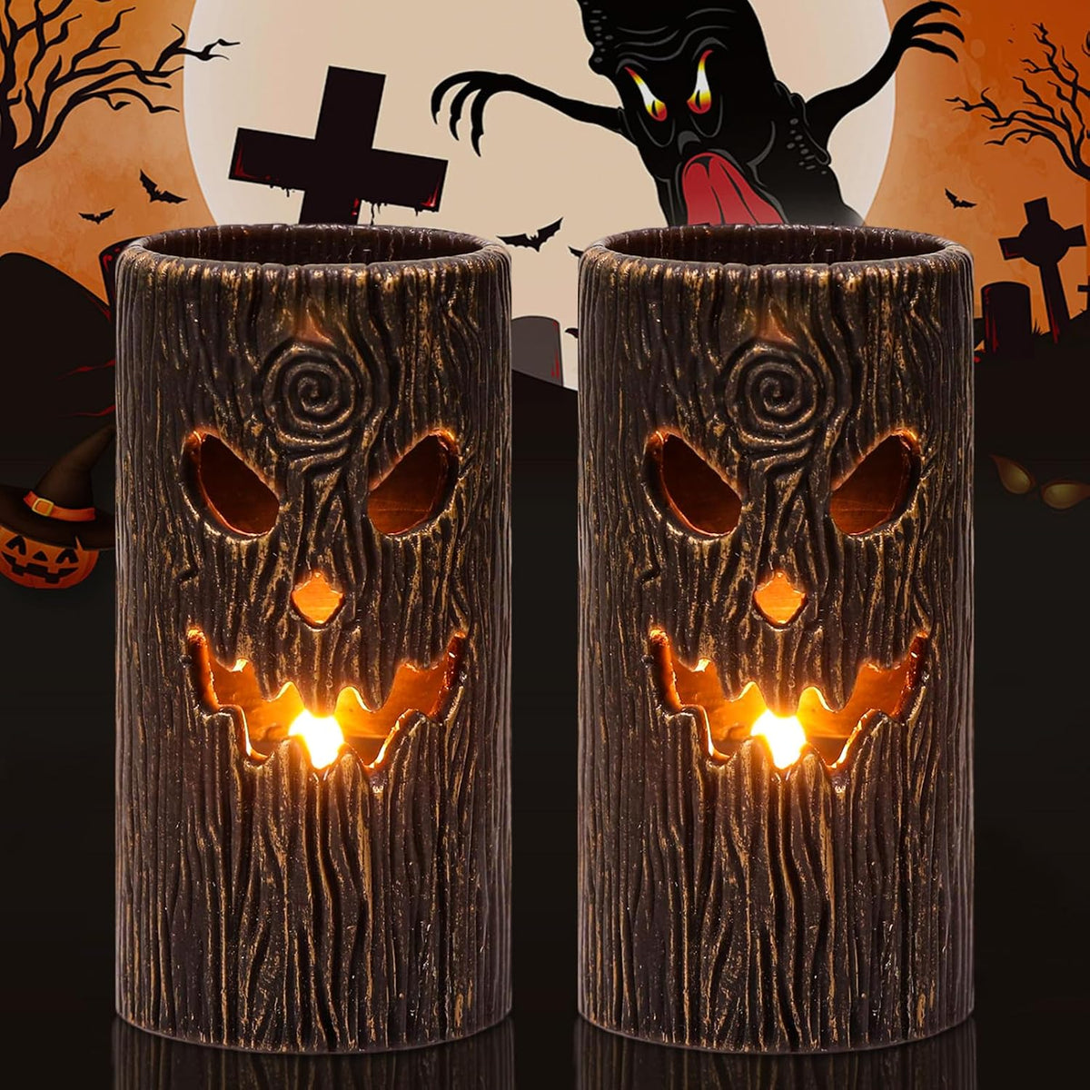 Halloween Flameless Candles, 2PCS Ghost Tree Carved Pillar Candles