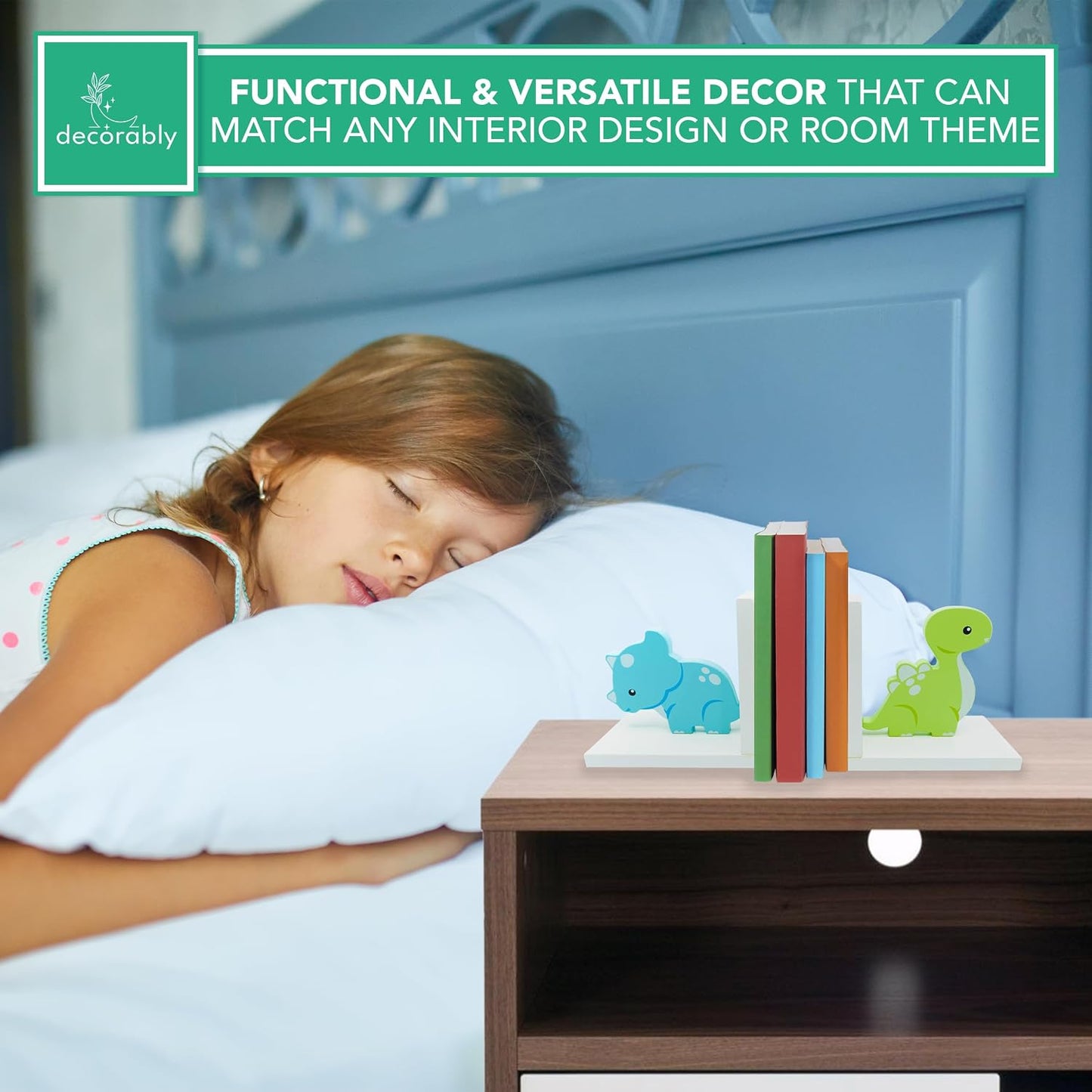 2-Piece Non-Skid Wooden Decorative Kids Bookends for Boys and Girls Room / Baby Blue & Green